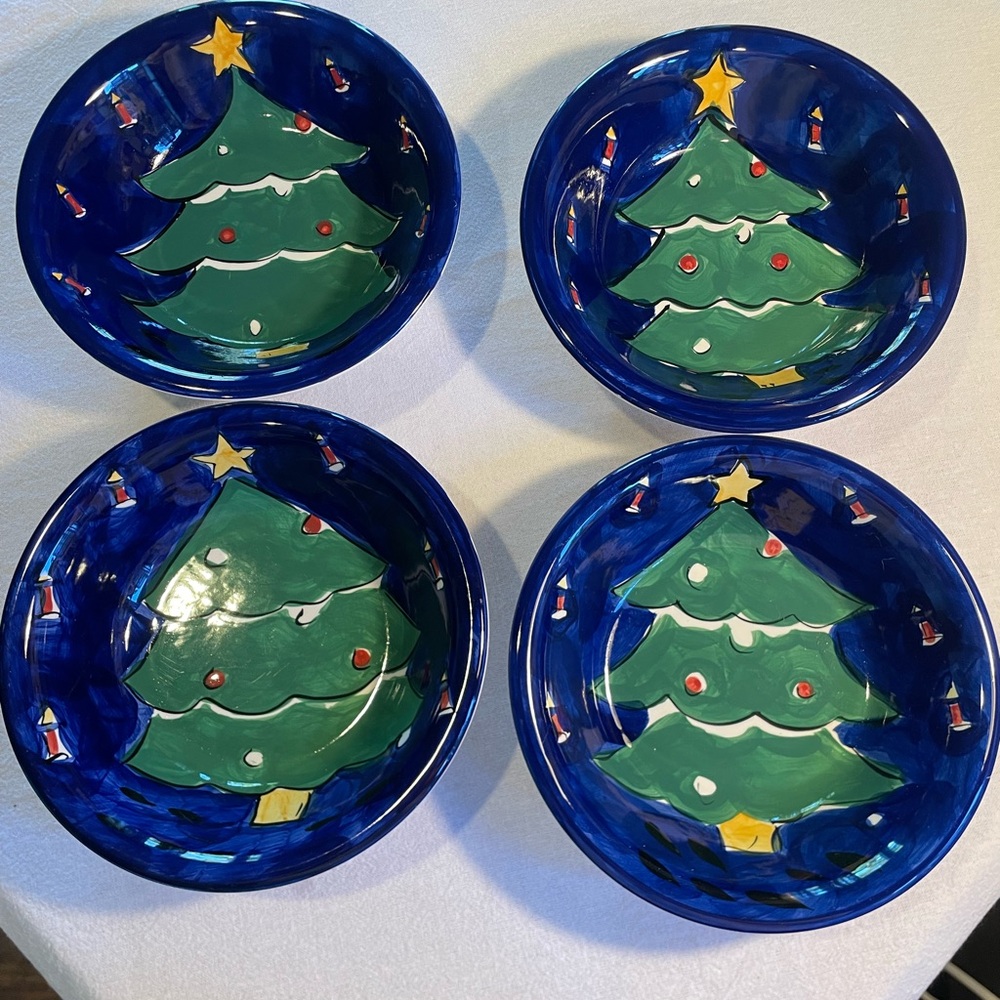 Vintage 1990s Gibson Handpainted Christmas Tree Ceramic Bowls-set of 4